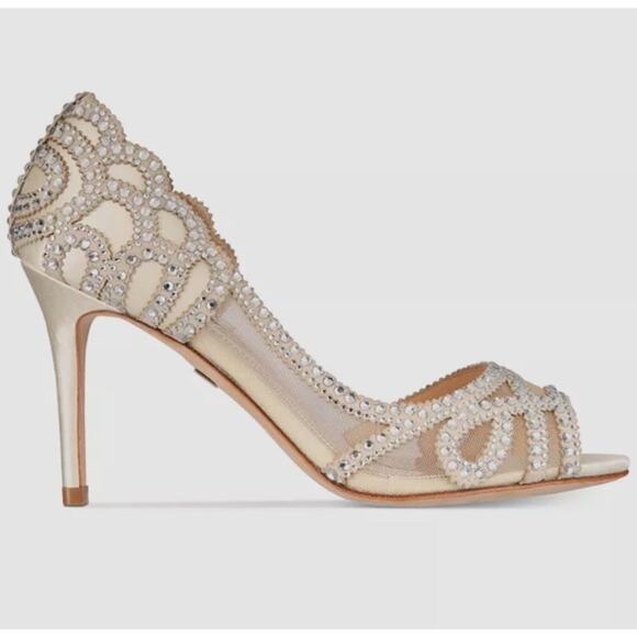 Badgley Mischka Shoes - BHLDN Badgley Mischka Marla Peep Heels Embellished Nude Peep toe Pumps Size 6.5
